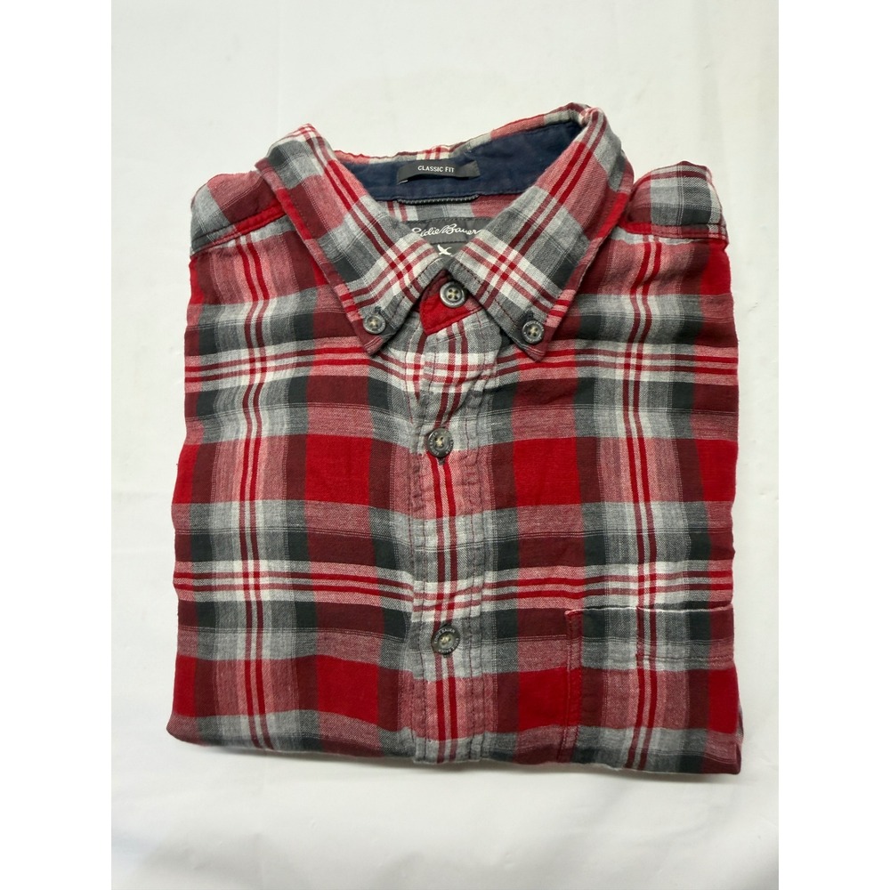 Eddie Bauer Mens Tall TL Classic Fit Plaid Flannel Button Down Shirt Red Grey